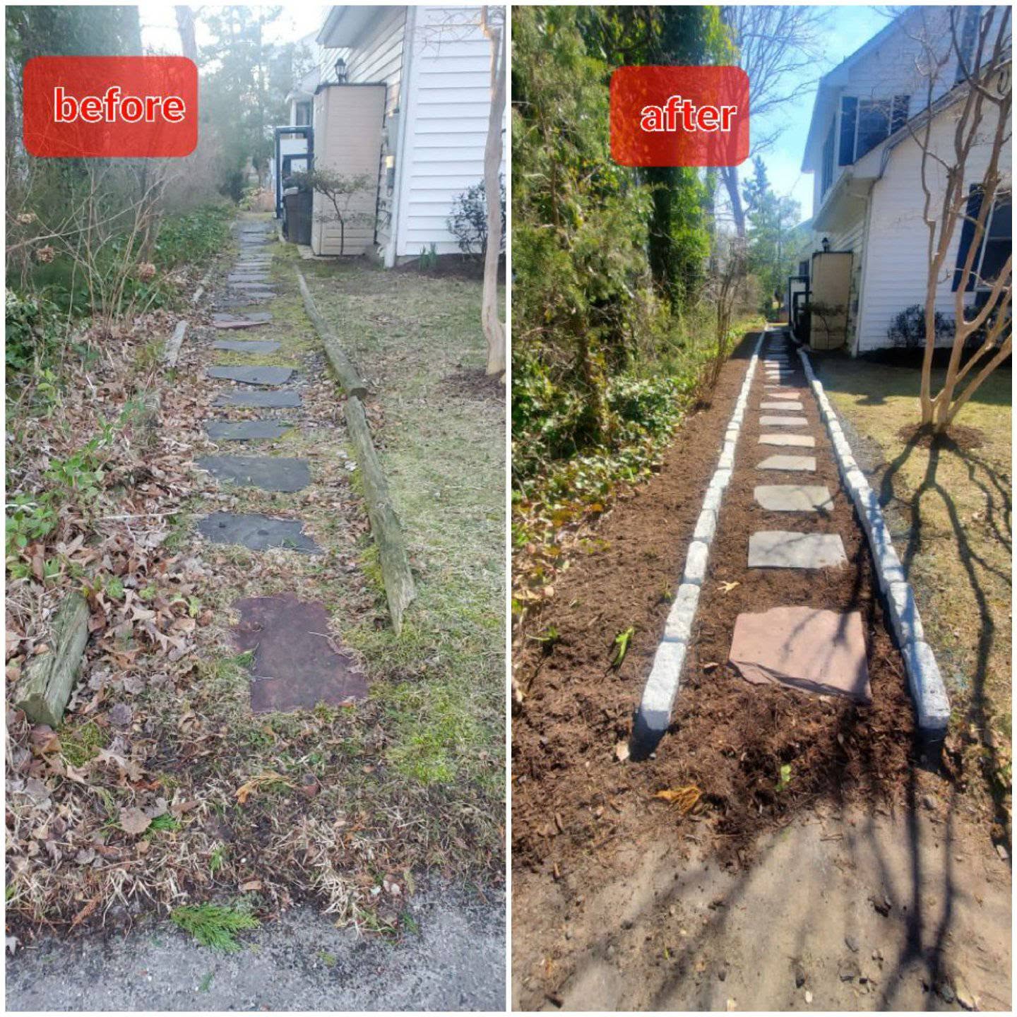 Before and after of an overgrown Cape May stone walkway rebuilt with granite cobble edging and fresh soil