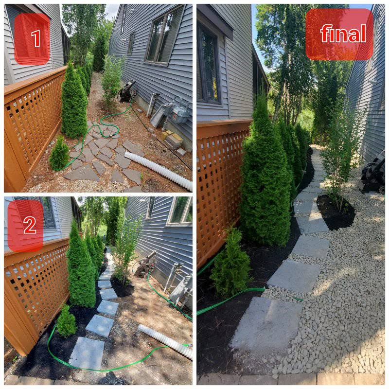 Three-stage before and after of a narrow side yard rebuilt with paver stepping stones, river rock and new plantings